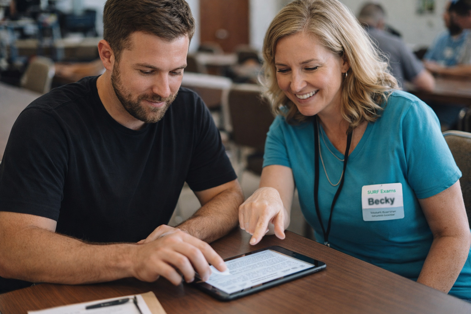 Volunteer providing friendly exam guidance