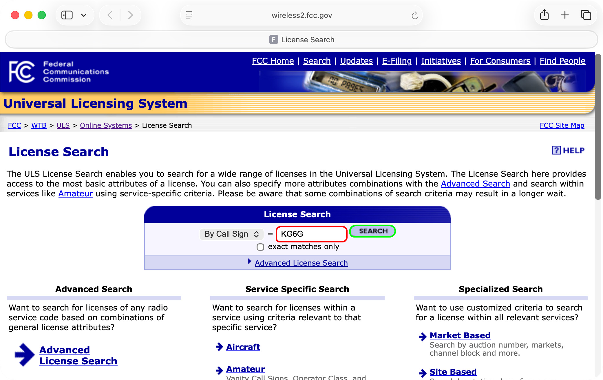 FCC License Search page with a call sign entered in the search field.