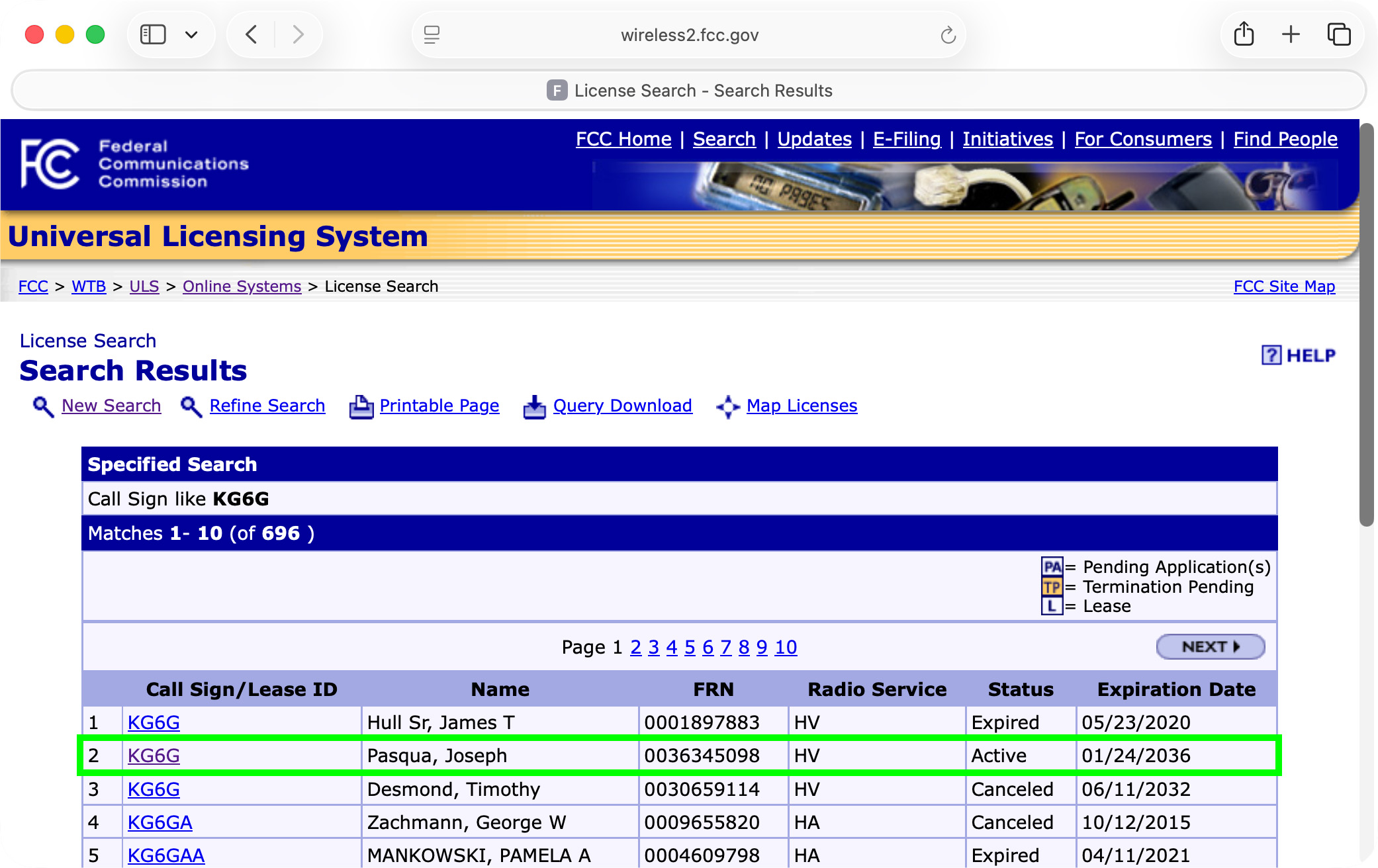 FCC search results showing multiple license records for a call sign.