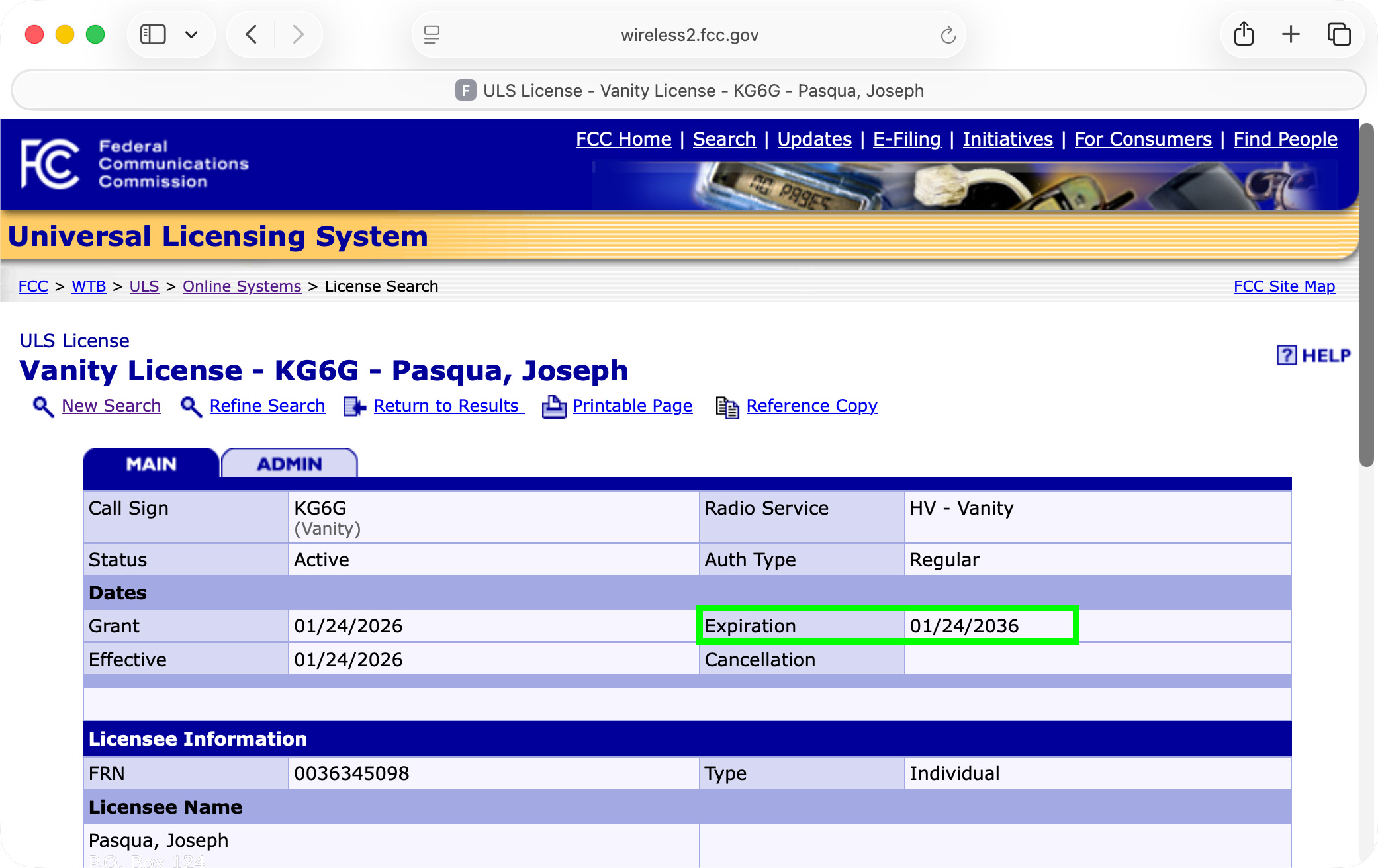 FCC license details page showing the expiration date.