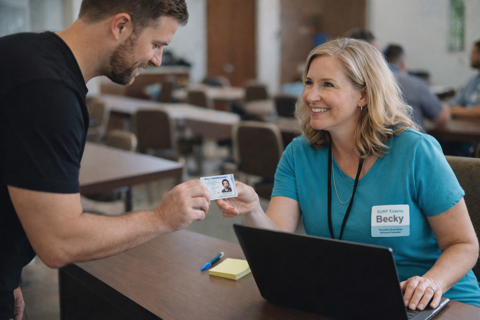 Candidates checking in before an exam session