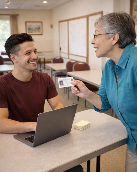 Candidates checking in before an exam session